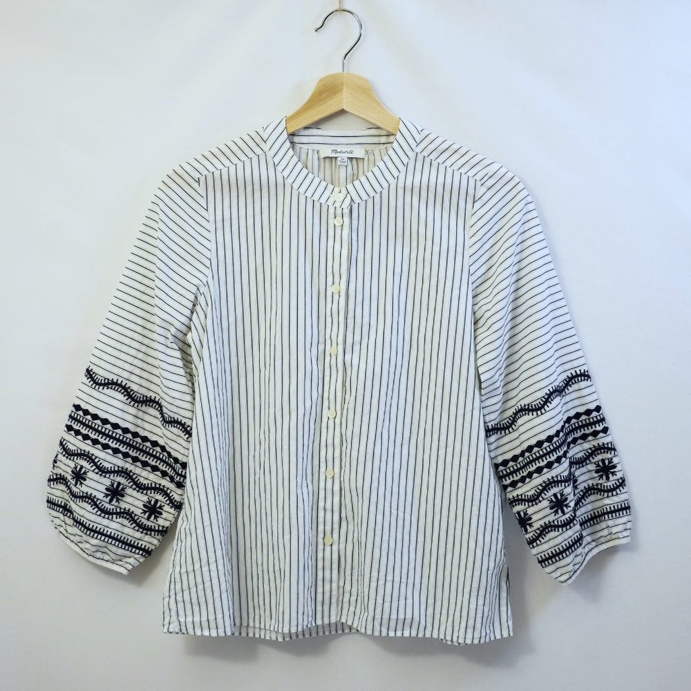 Madewell Embroidered Sleeve Band Collar Shirt Top, Black/White Striped, Women XS